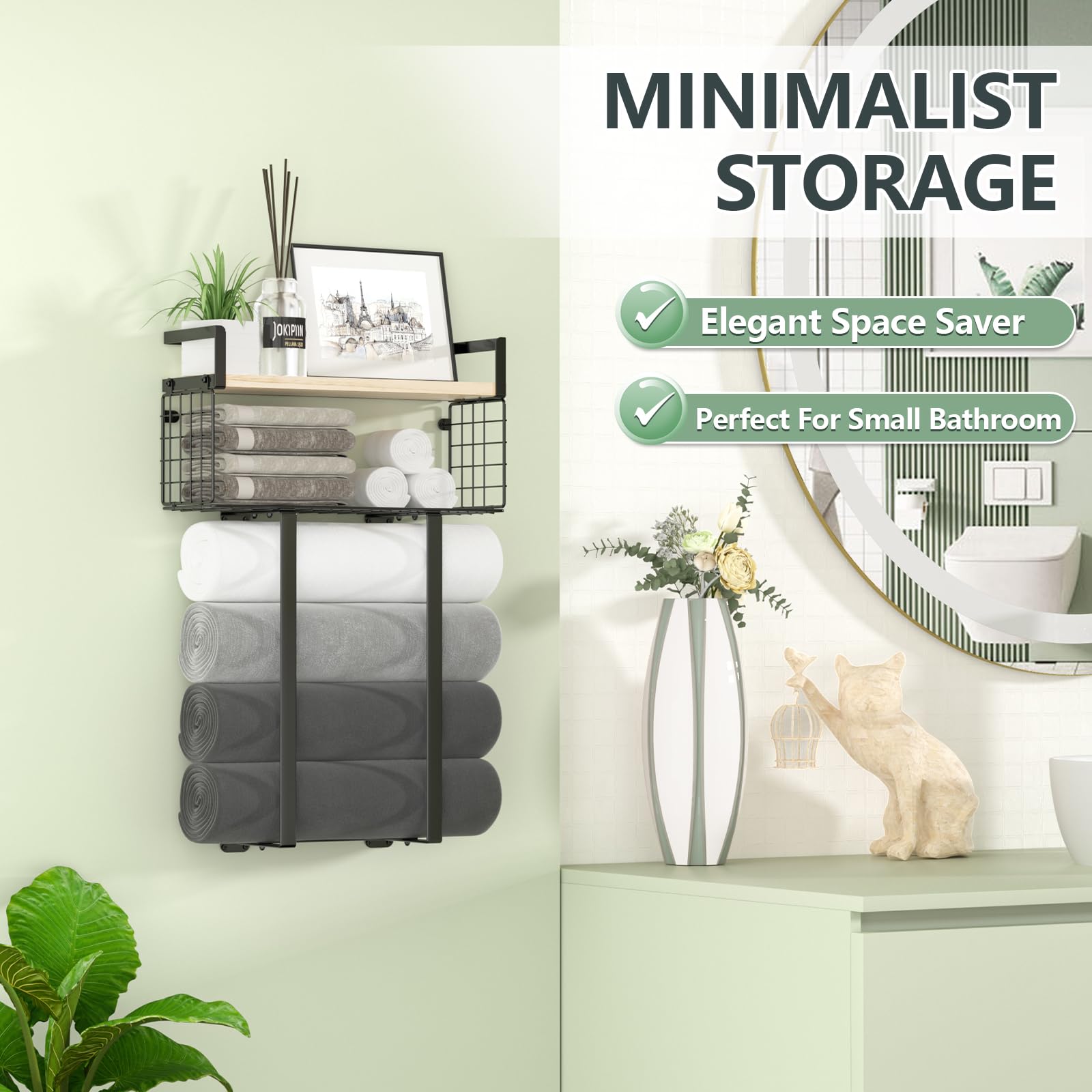 Towel Racks For Bathroom, Metal Towel Holder With Storage Basket,Wall Towel Rack For Rolled Towels, Towel Storage For Small Bath